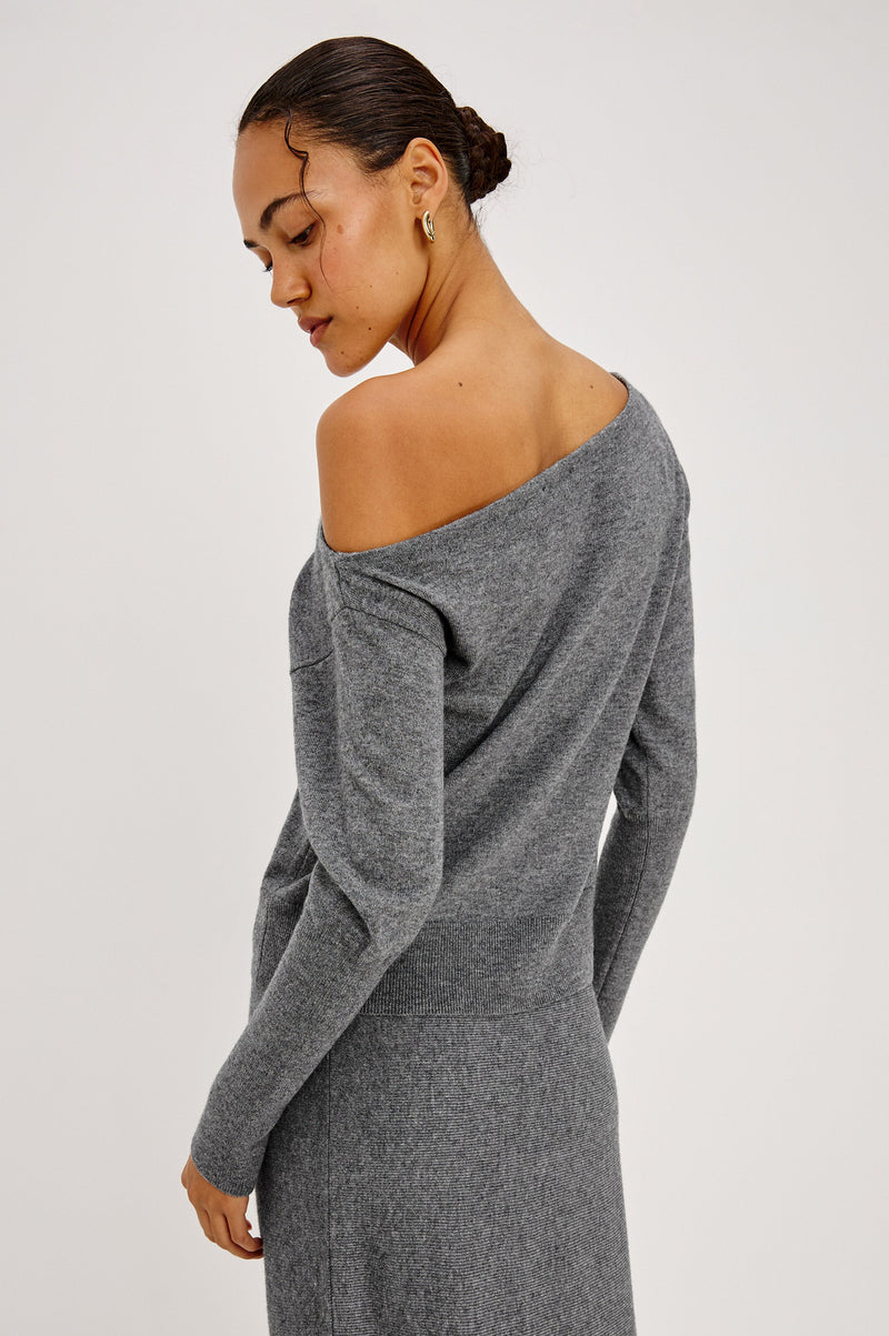 Tianna Sweater in Heather Charcoal, back view on model