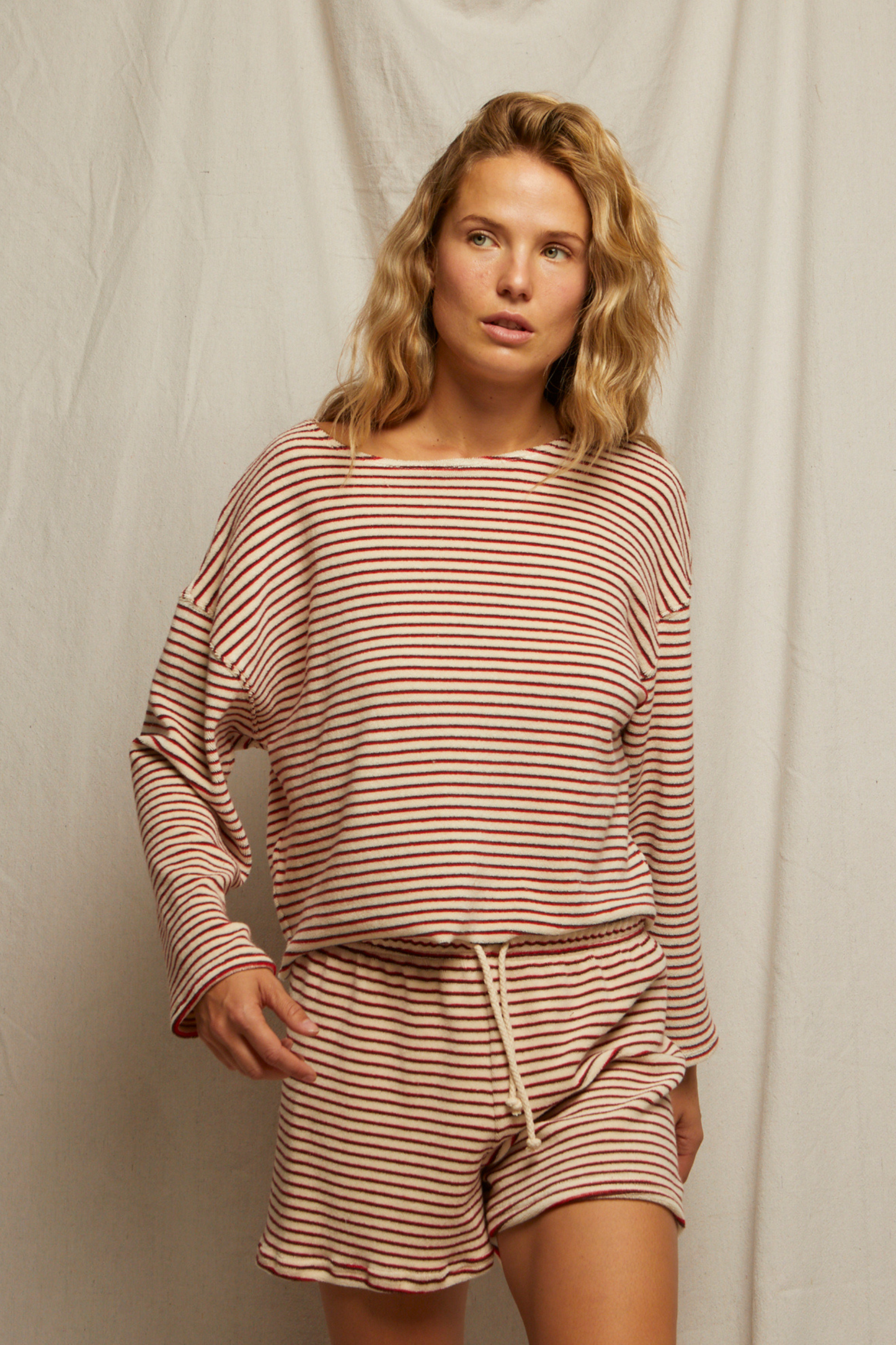 PerfectWhiteTee - Cami Loop Terry Stripe Long Sleeve Top - Poppy Chocolate Stripe