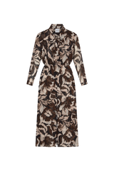 Wilma Dress in Chocolate Swirl, front with bow tied