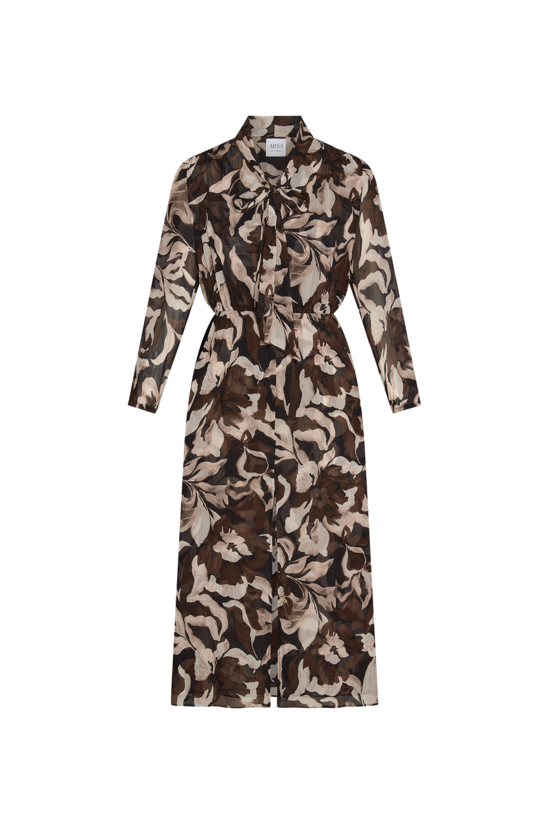 Wilma Dress in Chocolate Swirl, front with bow tied