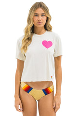 Aviator Nation - Heart Print Boyfriend Tee - Vintage White / Neon Pink