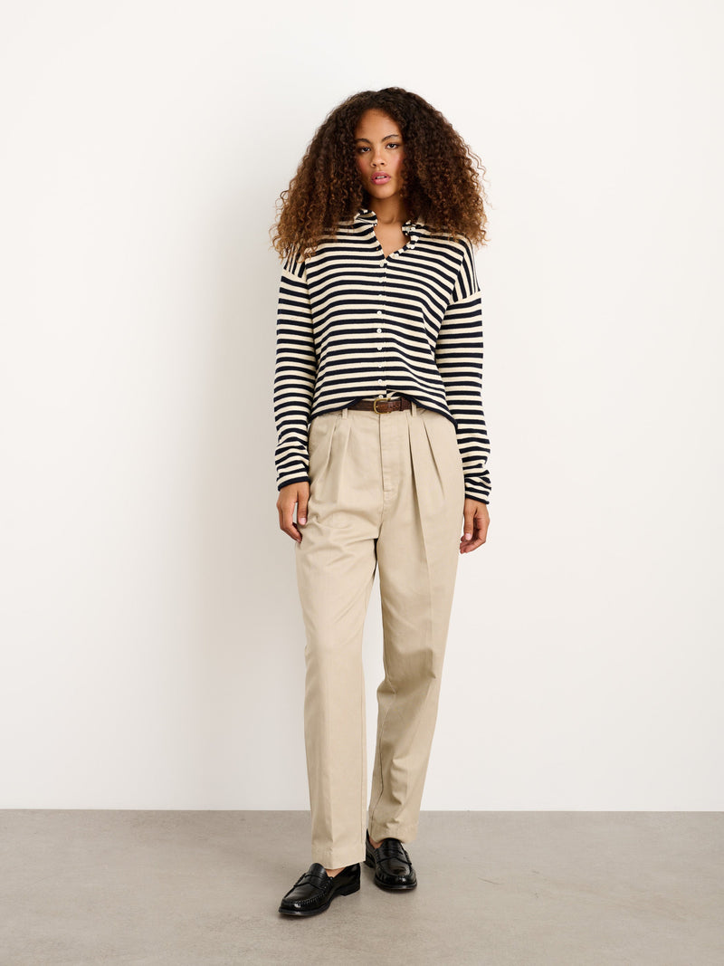 Taylor Striped Cardigan in Navy/Ivory, styled