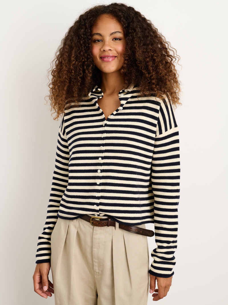 Taylor Striped Cardigan in Navy/Ivory on model