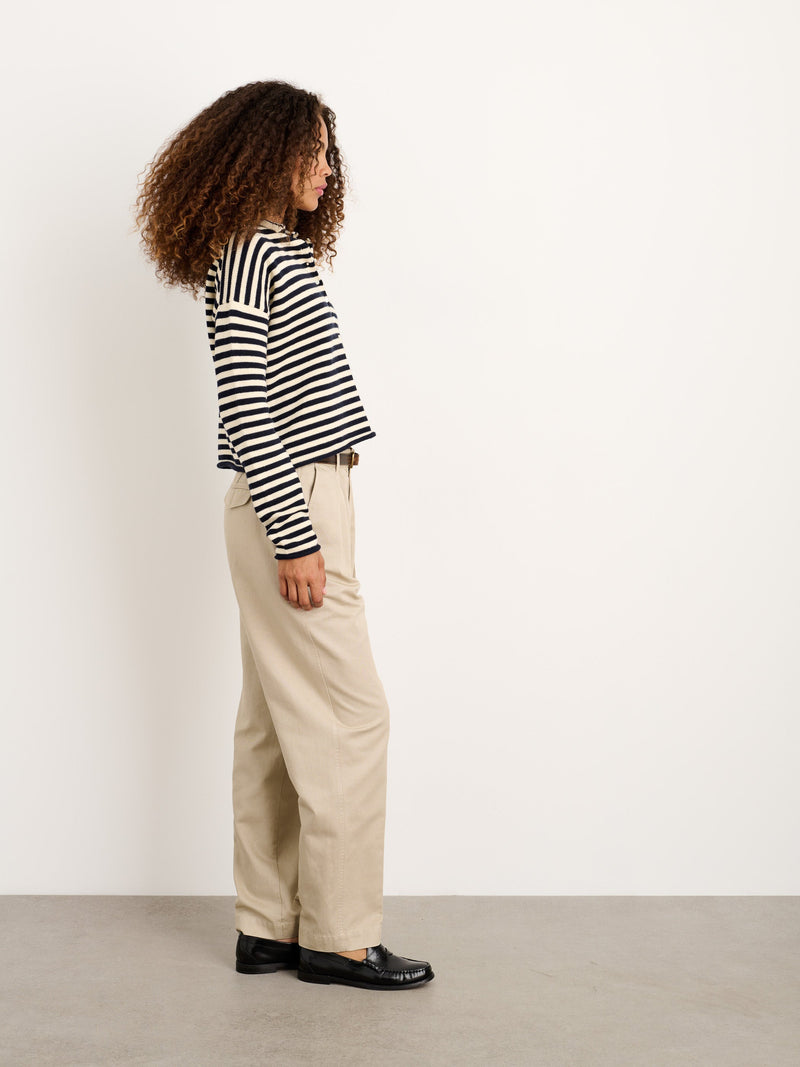 Taylor Striped Cardigan in Navy/Ivory on model, side