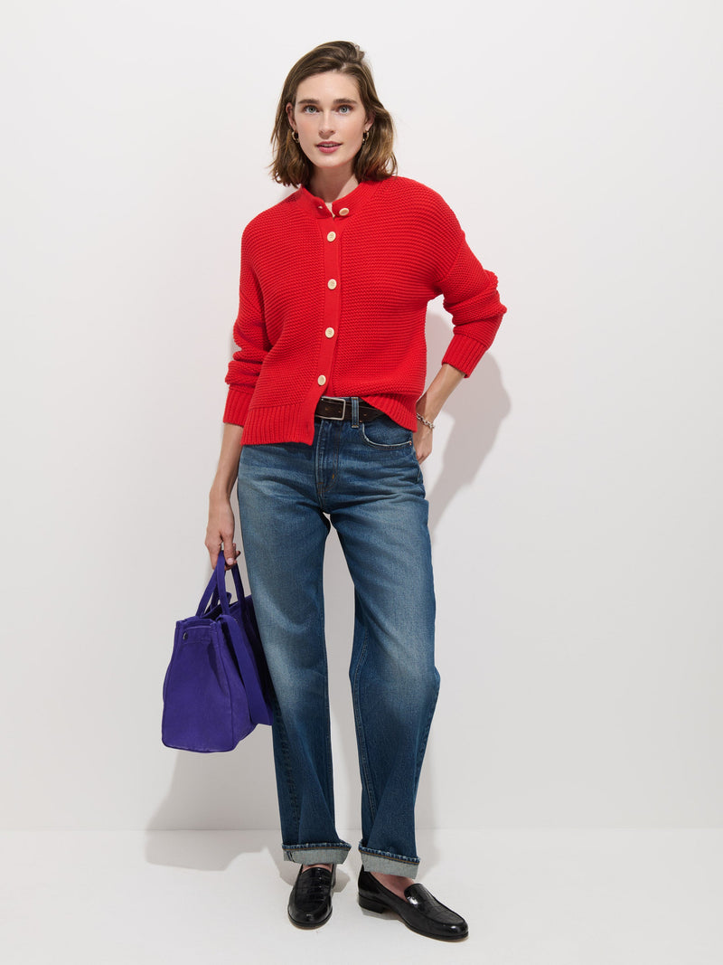 Nico Cardigan in Berry Red, full outfit with loafers