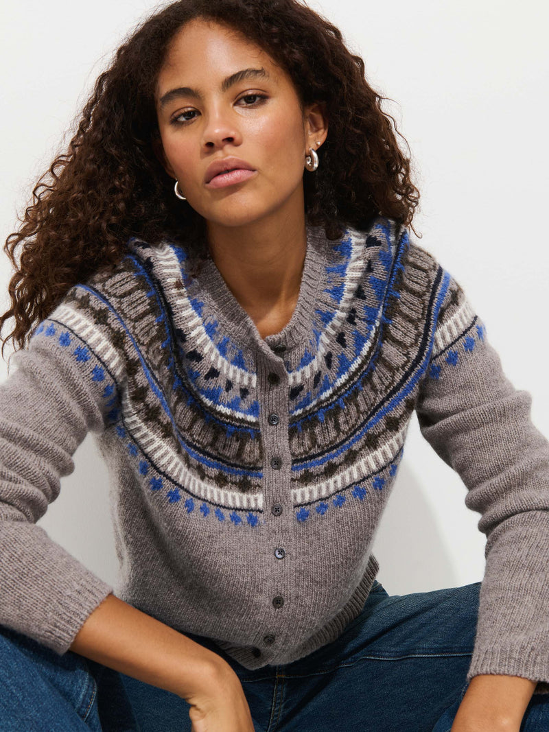 Greene St Fairisle Sweater in Taupe on model, seated