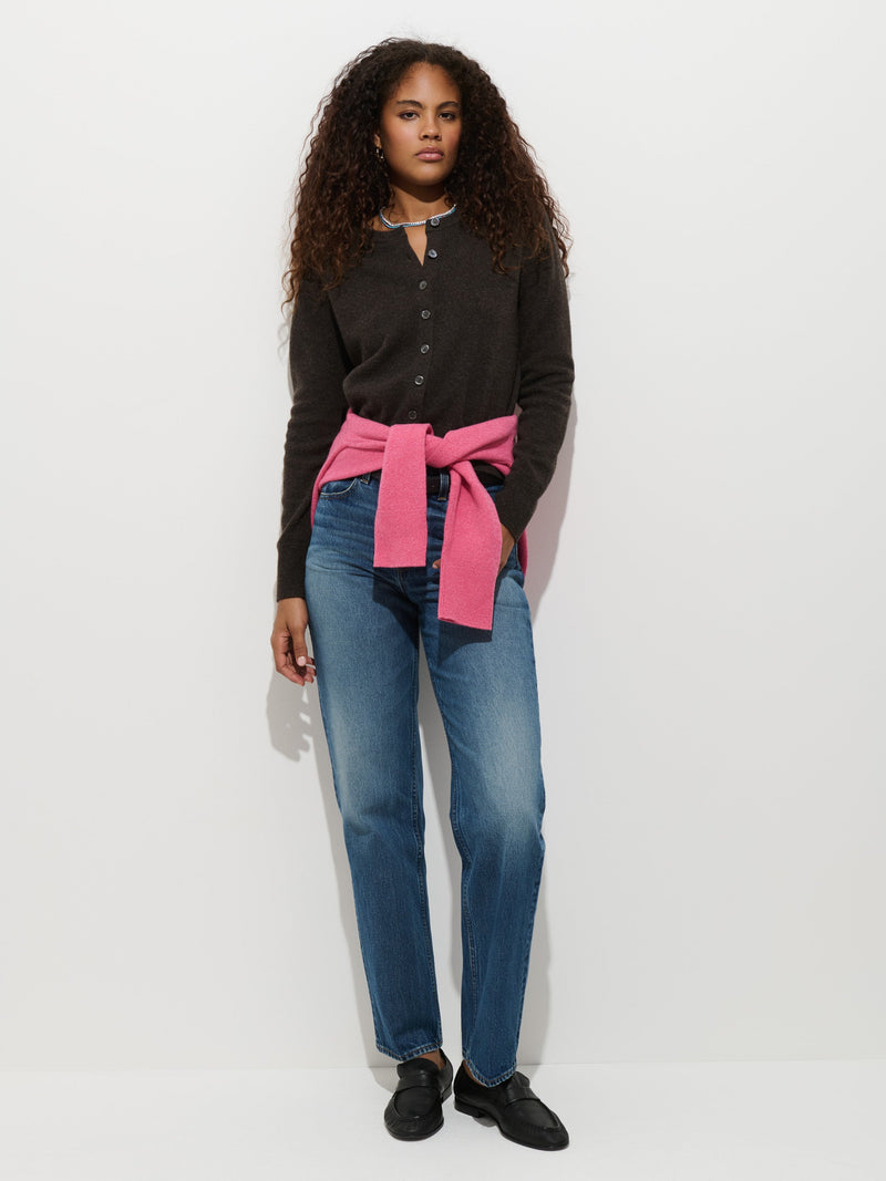 Elizabeth Street Cardigan in Coffee, full outfit with jeans and loafers