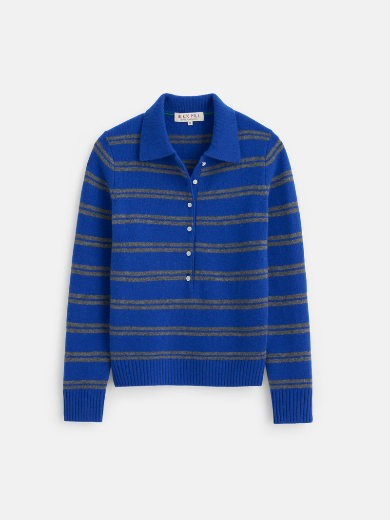 Park Striped Polo in Cunningham Blue and Heather Grey, front