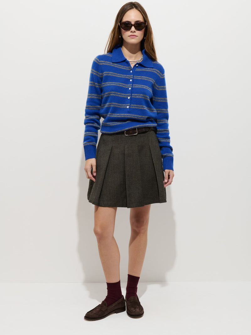 Park Striped Polo in Cunningham Blue and Heather Grey, styled