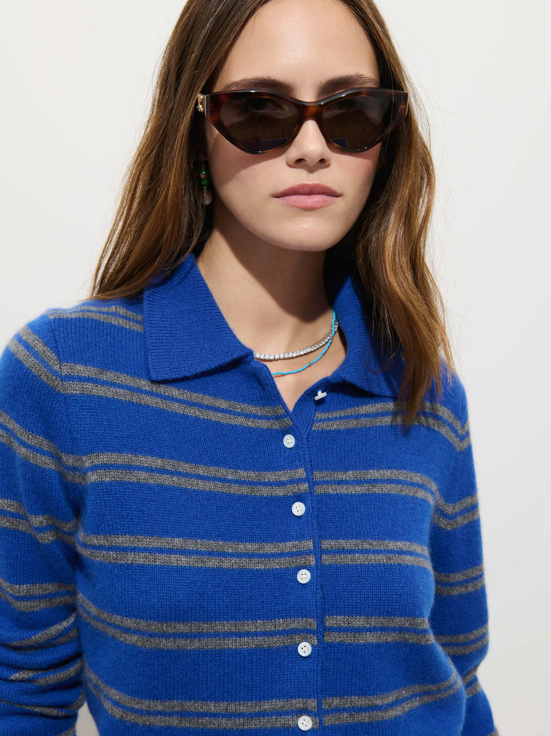 Park Striped Polo in Cunningham Blue and Heather Grey, detail