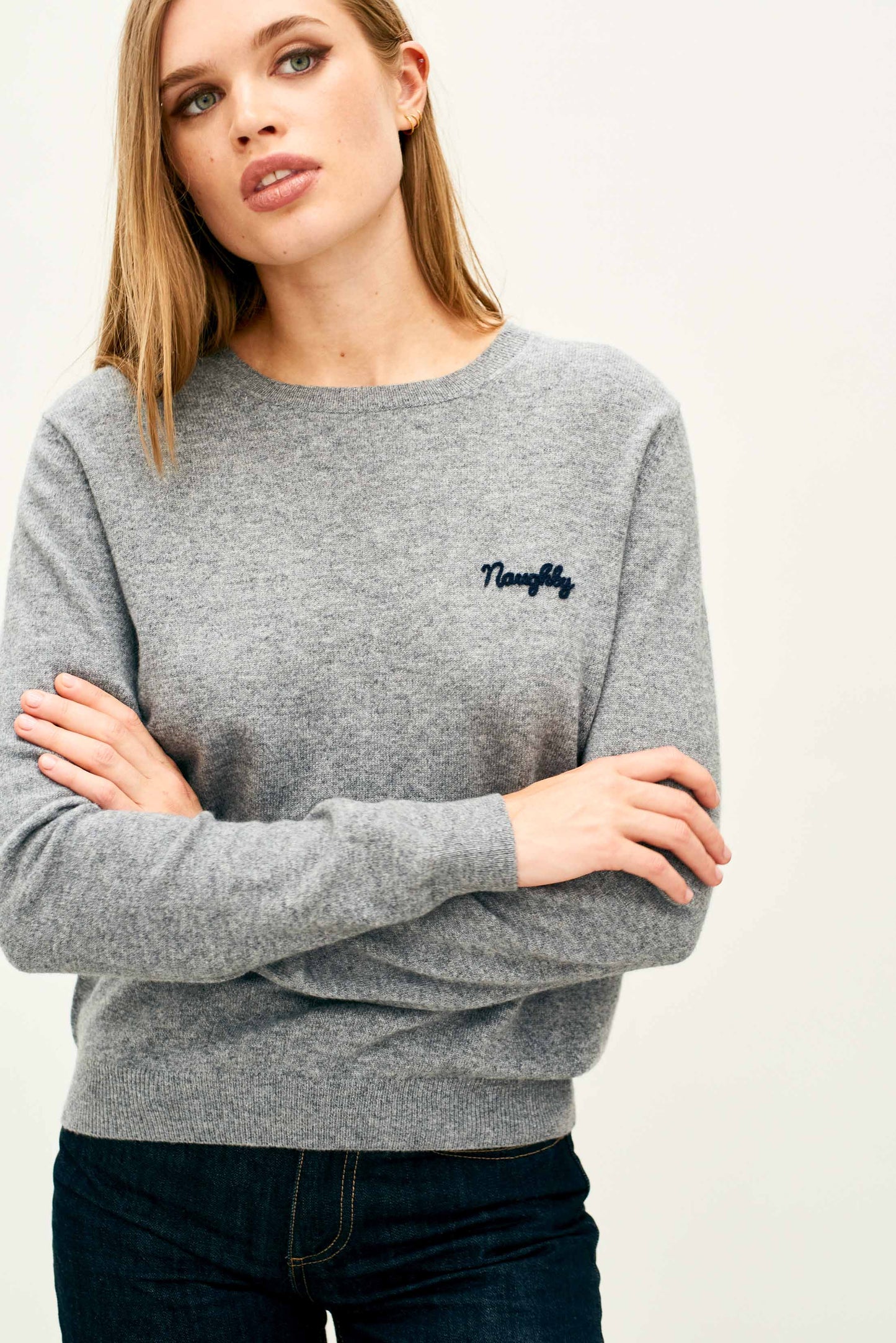 Jumper 1234 - Cashmere Naughty Crew - Mid Grey and Navy