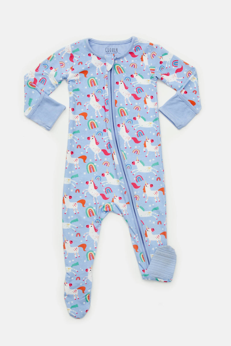 Clover Baby & Kids - Soft & Stretchy Zipper Footie - Unicorns