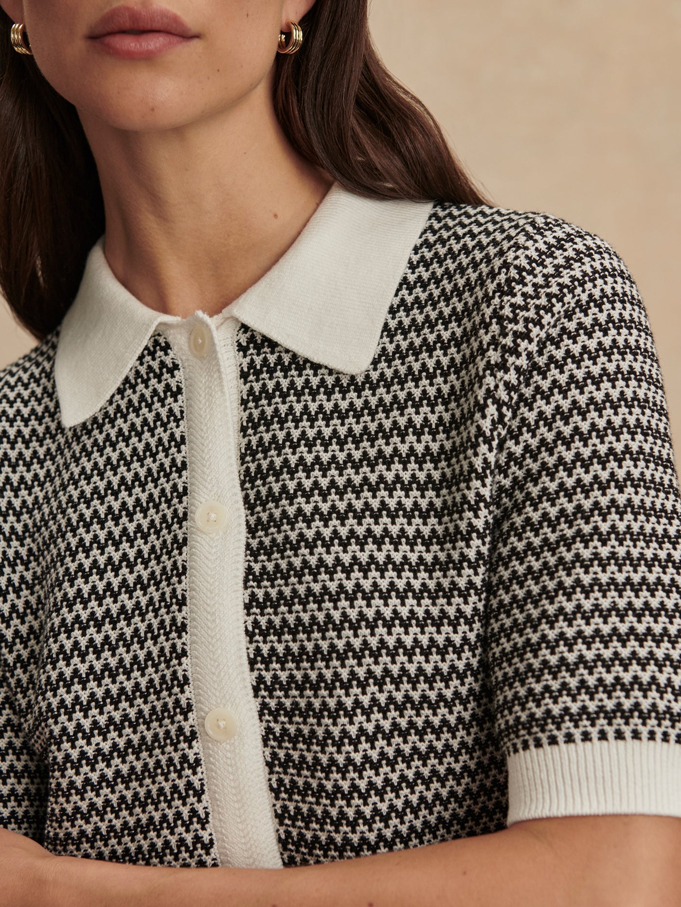 Varley - Gaelle Polo Knit Top - Snow White/ Black