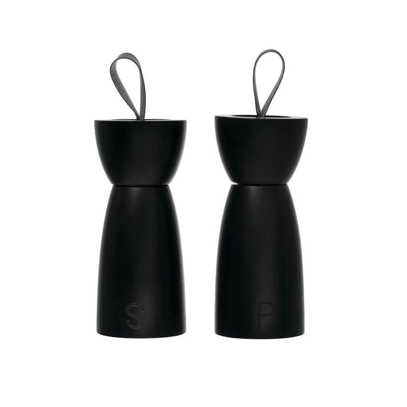 Rubberwood Salt & Pepper Mills w/ Leather Tabs, Black, Set of 2
