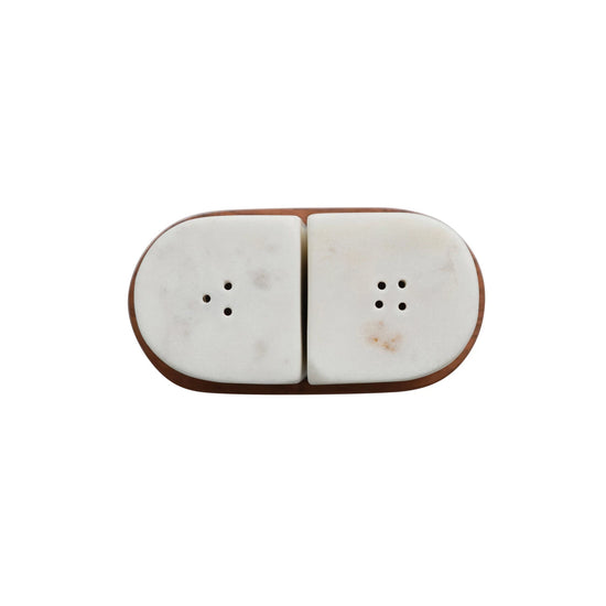 Load image into Gallery viewer, Salt &amp;amp; Pepper Shakers w/ Acacia Wood Tray, White &amp;amp; Natural
