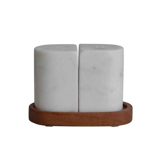 Load image into Gallery viewer, Marble Salt &amp;amp; Pepper Shakers w/ Acacia Wood Tray, White &amp;amp; Natural
