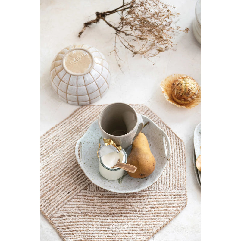 Cotton & Jute Embroidered Octagon Shaped Placemat, Natural & White