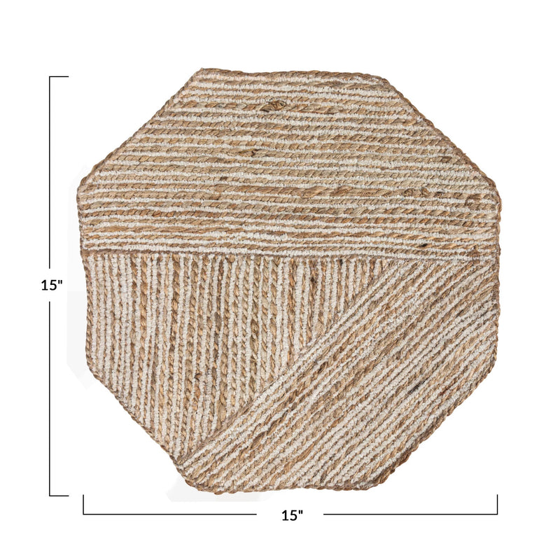 Cotton & Jute Embroidered Octagon Shaped Placemat, Natural & White