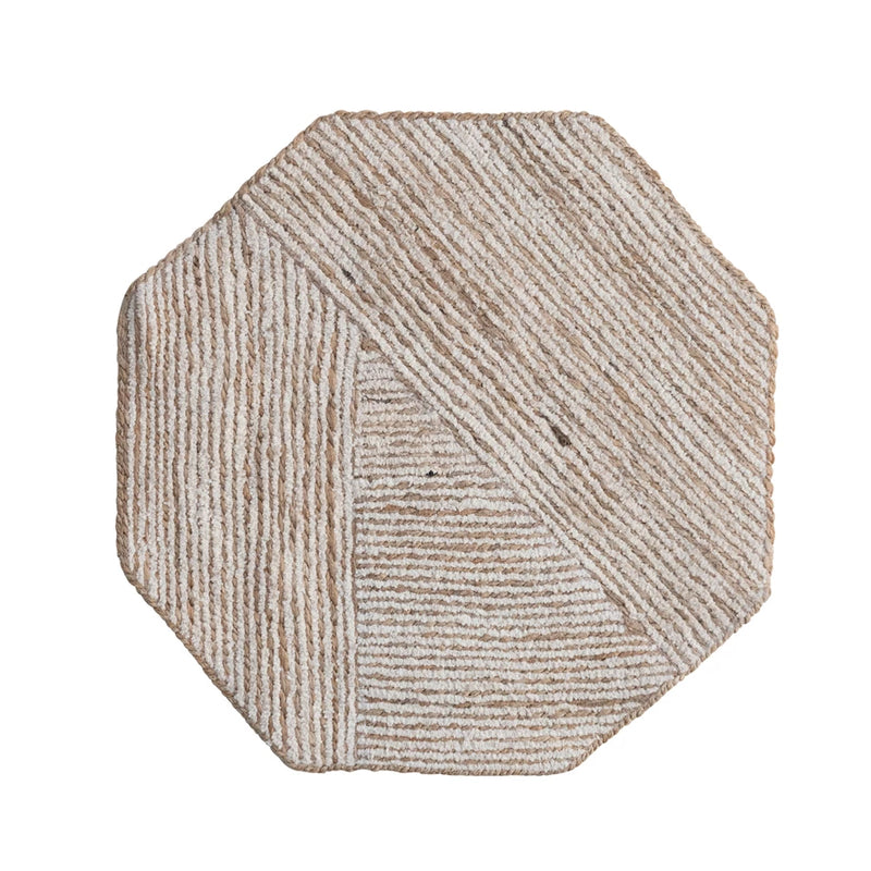Cotton & Jute Embroidered Octagon Shaped Placemat, Natural & White