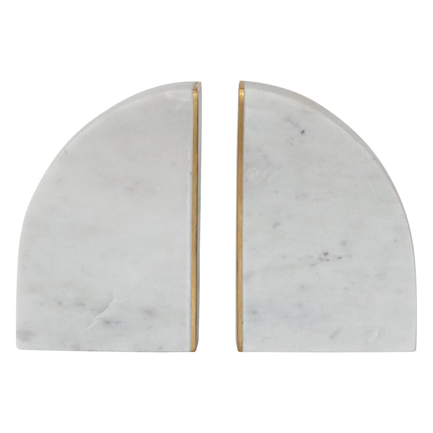 Marble Bookends w/ Brass Inlay, Gold Finish & White, Set of 2
