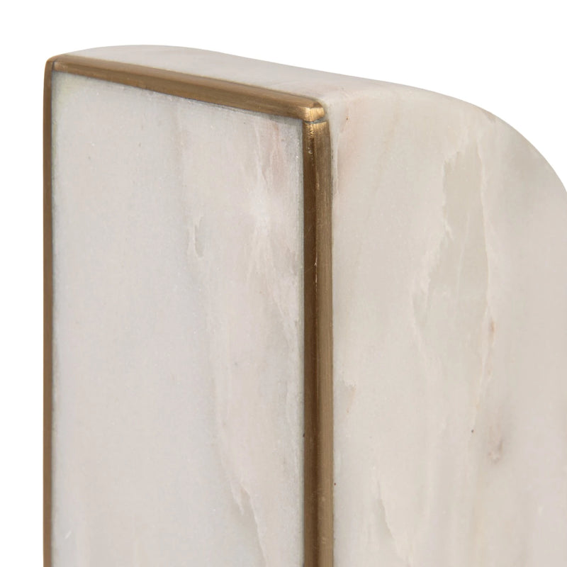 Marble Bookends w/ Brass Inlay, Gold Finish & White, Set of 2