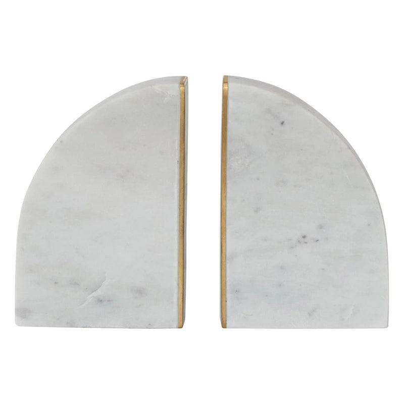 Marble Bookends w/ Brass Inlay, Gold Finish & White, Set of 2