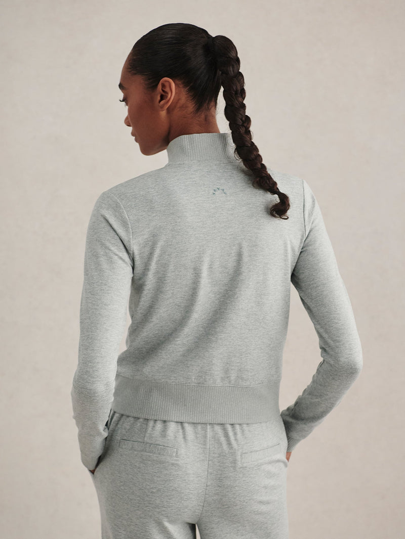 Rufus Cropped Zip Through in Blue Green Marl on model
