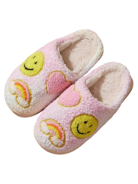Pastel Rainbow Smiley Fuzzy Slippers
