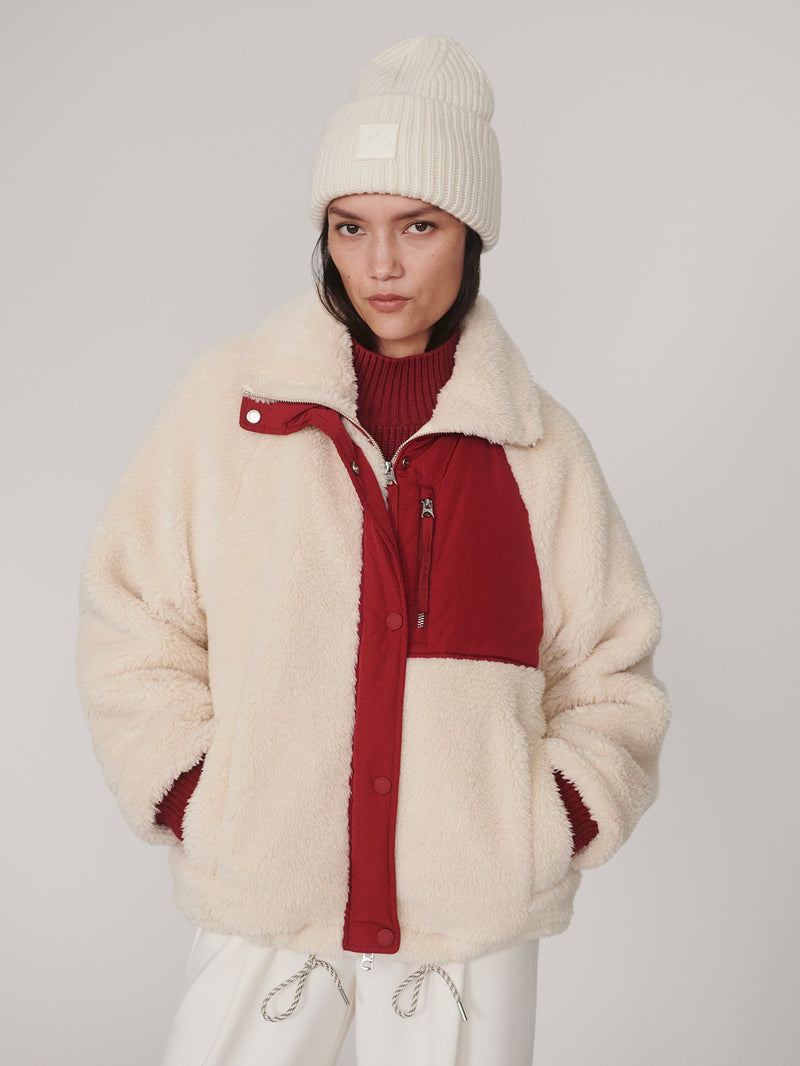 Kalyn Sherpa Jacket in Sandshell and Rumba Rose on model