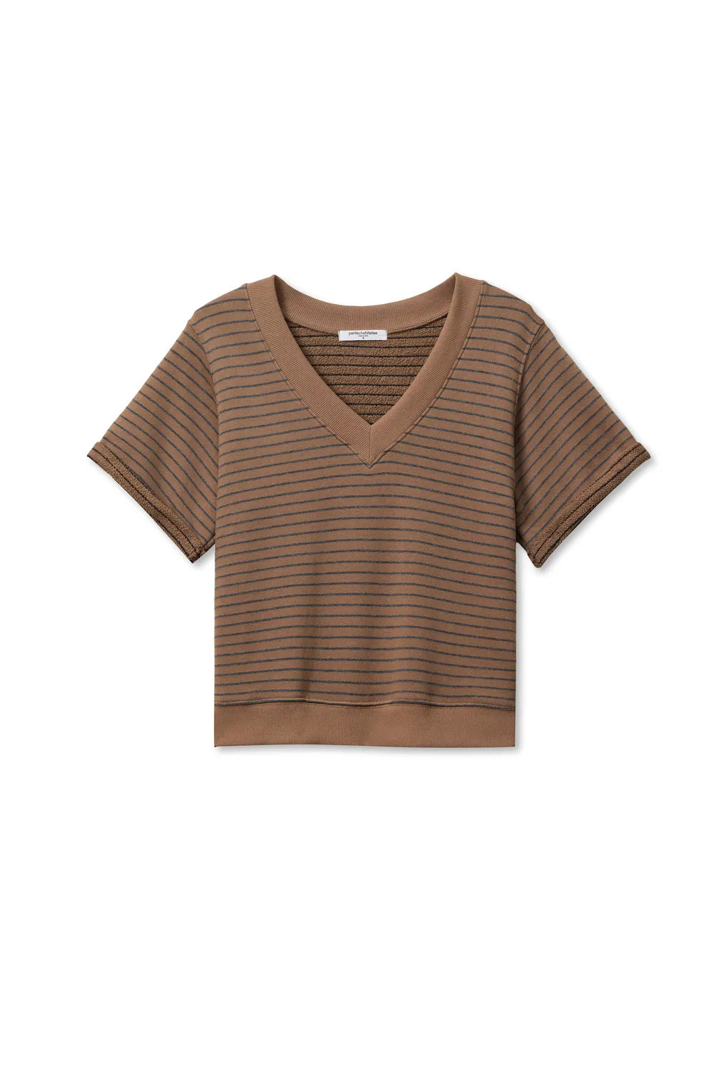 PerfectWhiteTee - Briggs Stripe French Terry V Neck Sweatshirt - Mocha Charcoal Stripe