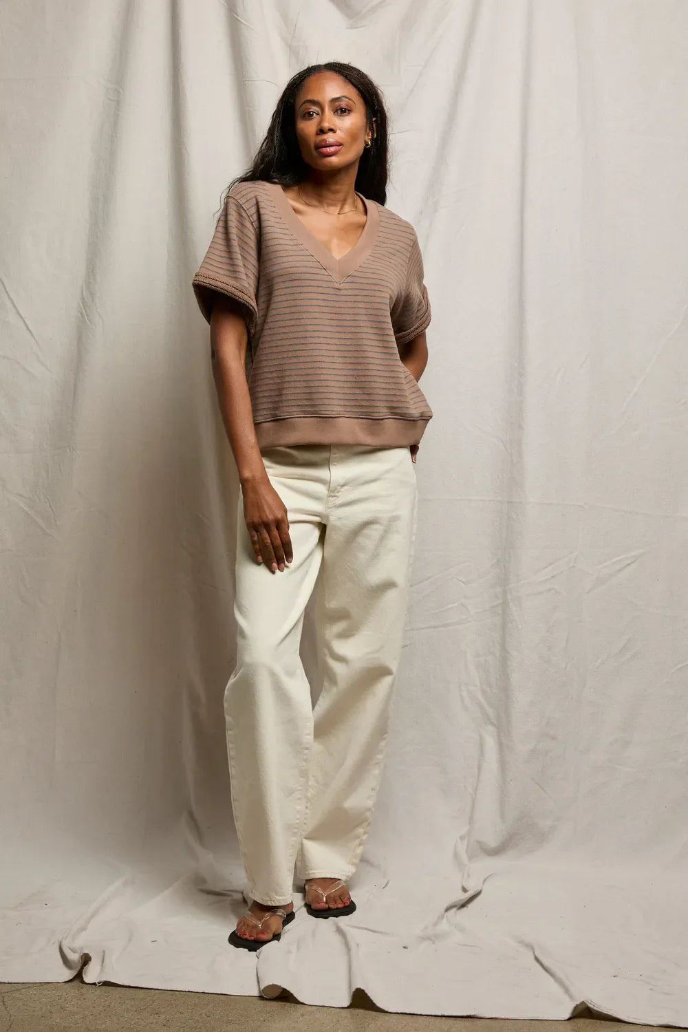 PerfectWhiteTee - Briggs Stripe French Terry V Neck Sweatshirt - Mocha Charcoal Stripe