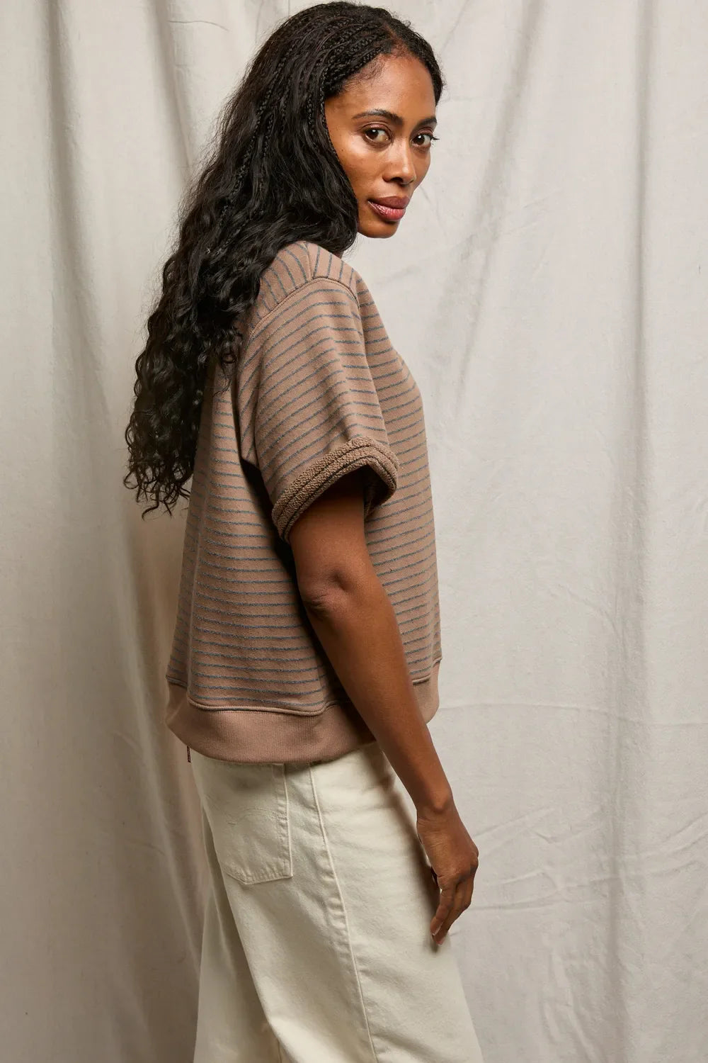 PerfectWhiteTee - Briggs Stripe French Terry V Neck Sweatshirt - Mocha Charcoal Stripe