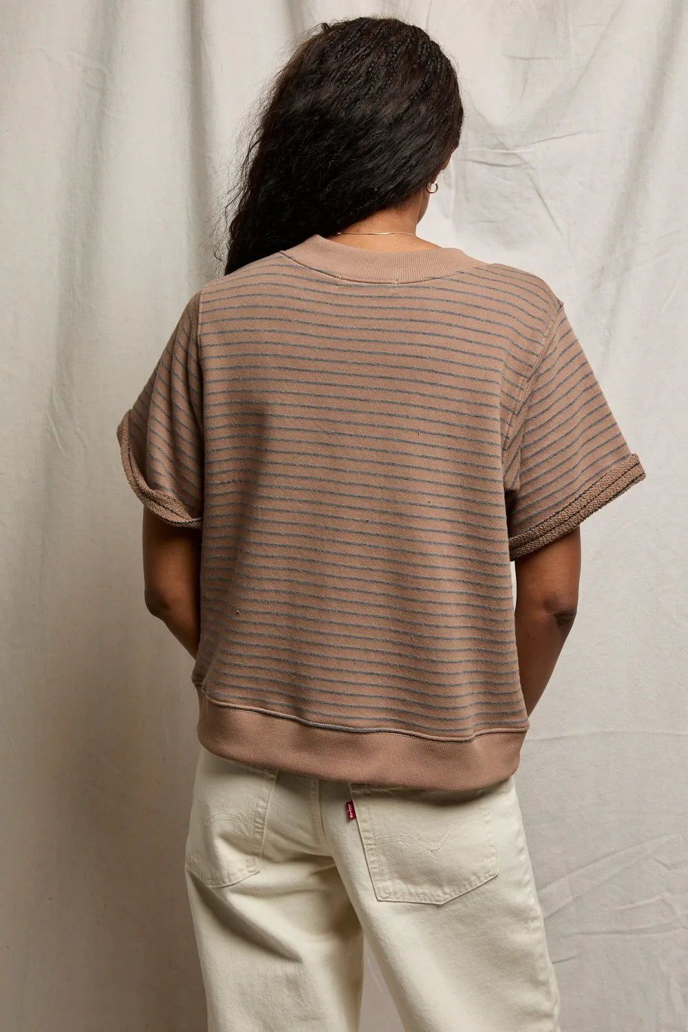 PerfectWhiteTee - Briggs Stripe French Terry V Neck Sweatshirt - Mocha Charcoal Stripe