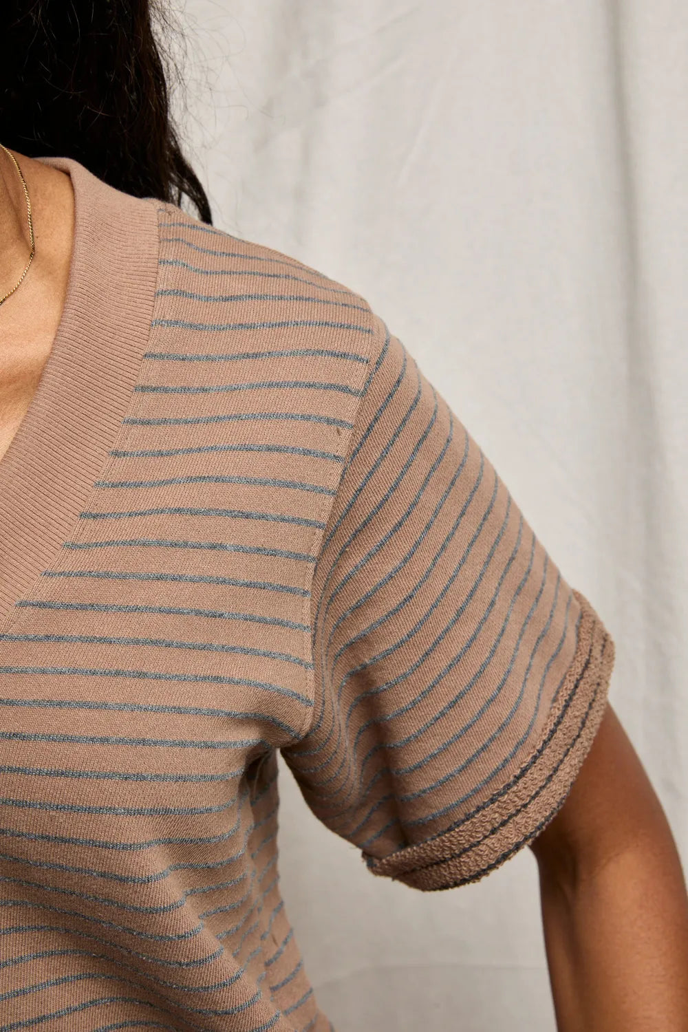 PerfectWhiteTee - Briggs Stripe French Terry V Neck Sweatshirt - Mocha Charcoal Stripe
