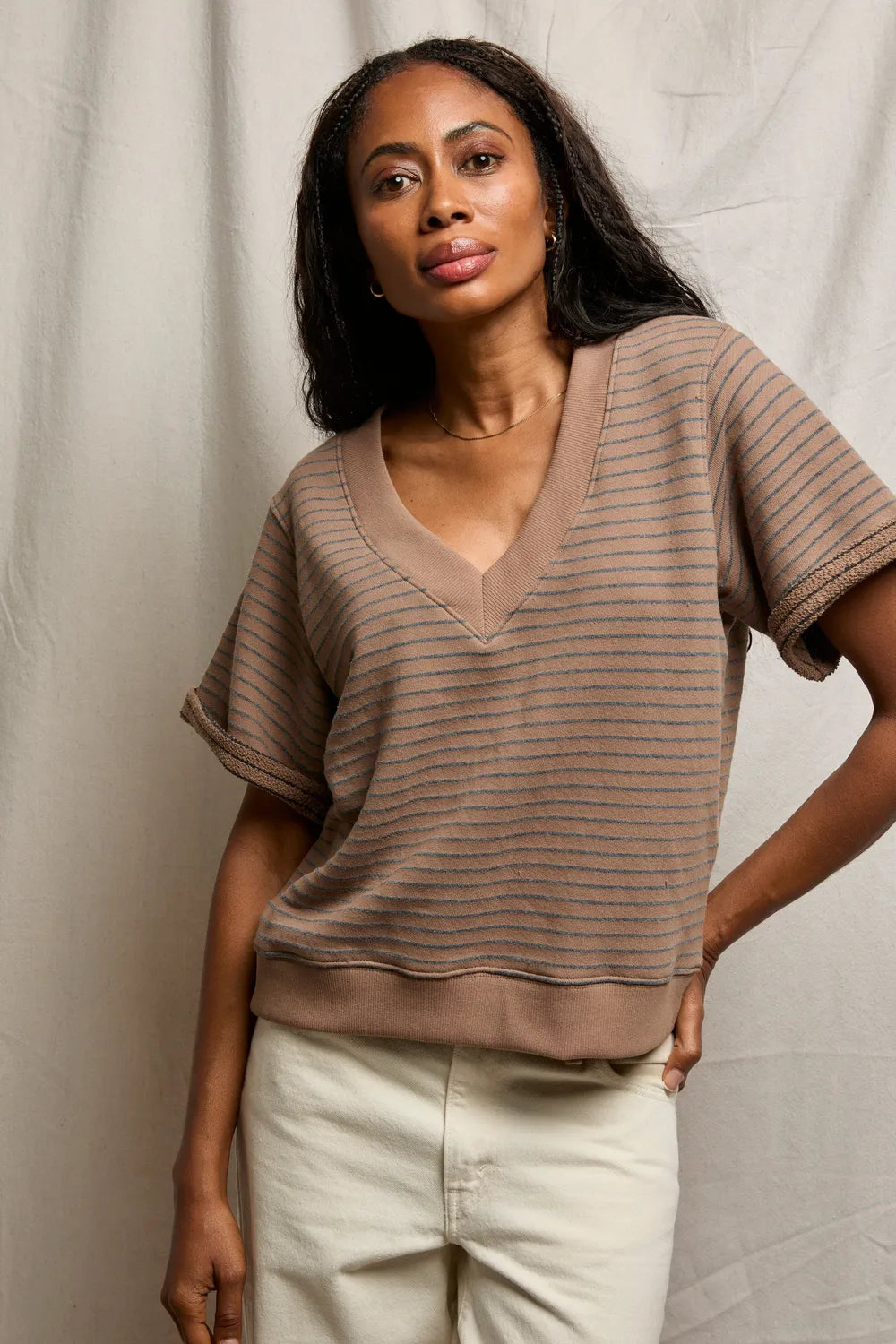 PerfectWhiteTee - Briggs Stripe French Terry V Neck Sweatshirt - Mocha Charcoal Stripe