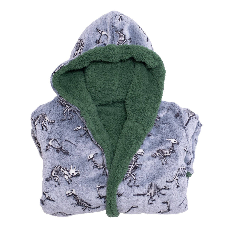 Reversible Glow-in-the-Dark & Sherpa Robe for Kids - Green Dino Bones