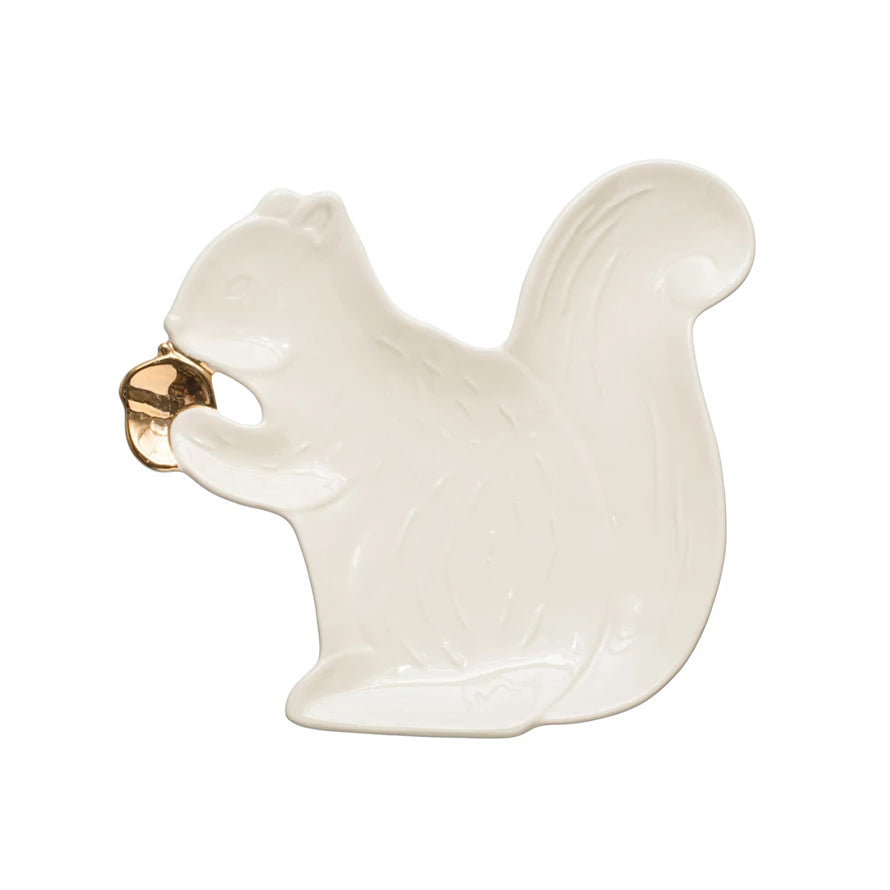 Stoneware Squirrel Shaped Plate w/ Gold Electroplated Acorn, White