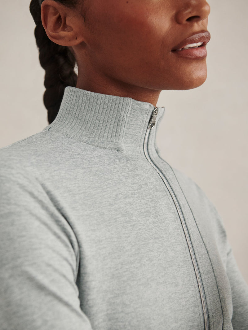 Rufus Cropped Zip Through in Blue Green Marl on model