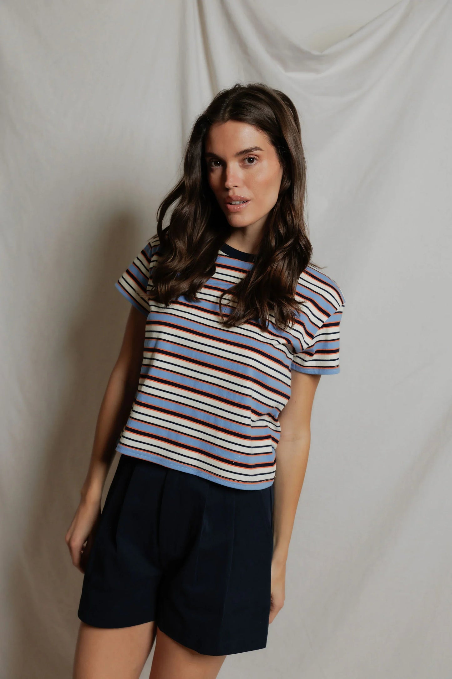 PercectWhiteTee - Dawn Cotton Jersey Ringer Stripe Tee - Pacific Clementine Stripe