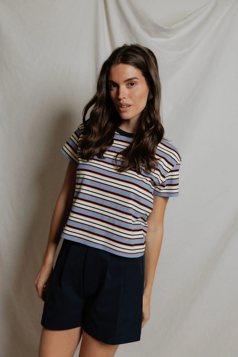 PerfectWhiteTee - Dawn Cotton Jersey Ringer Stripe Tee - Pacific Clementine Stripe