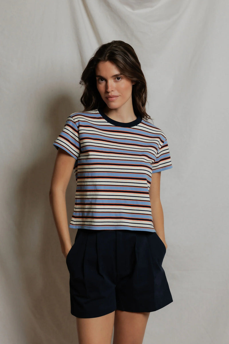 PerfectWhiteTee - Dawn Cotton Jersey Ringer Stripe Tee - Pacific Clementine Stripe