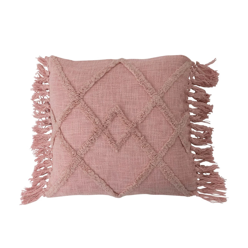 Cotton Blend Pillow w/ Tufted Pattern & Fringe - Pink