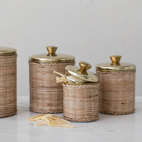 Rattan Wrapped Stainless Steel Canisters, Set of 4