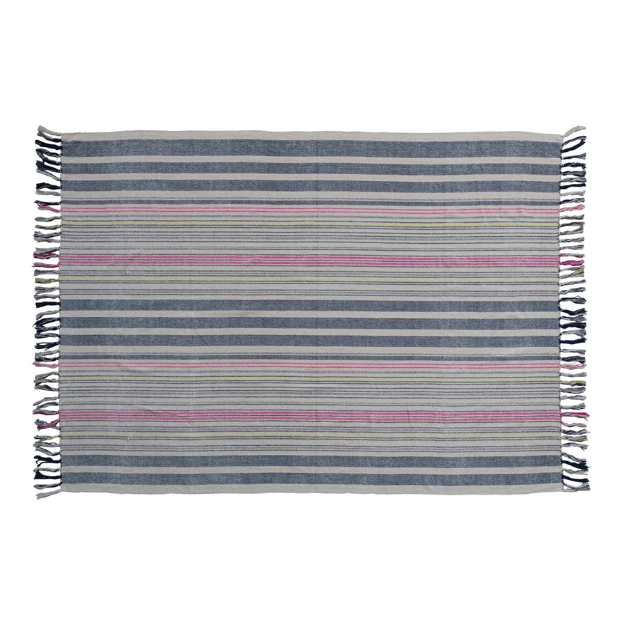 Woven Cotton Blend Throw w/ Stripes & Fringe, Multi Color