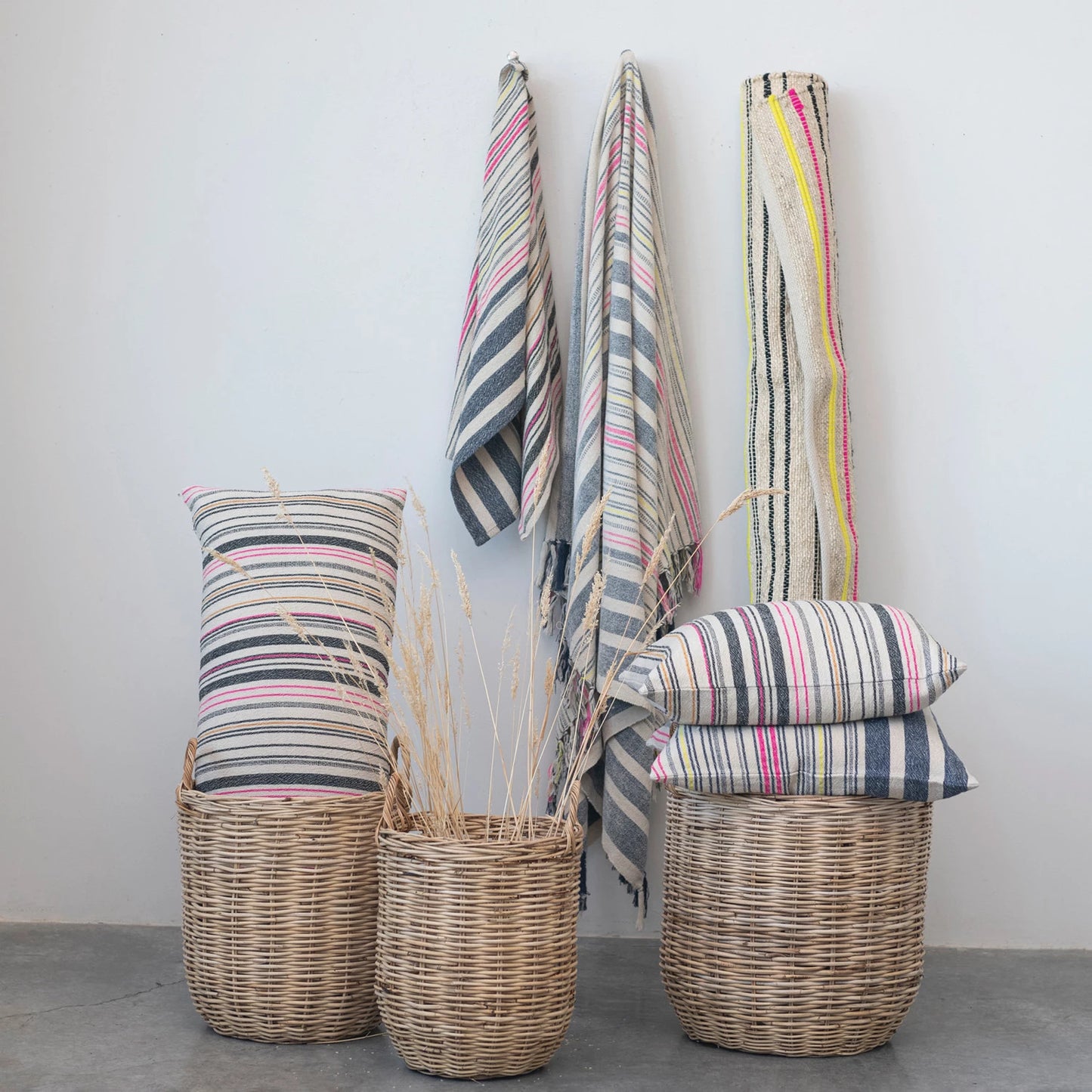 Woven Cotton Blend Throw w/ Stripes & Fringe, Multi Color