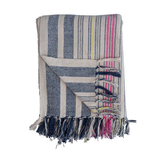 Load image into Gallery viewer, Woven Cotton Blend Throw w/ Stripes &amp;amp; Fringe, Multi Color
