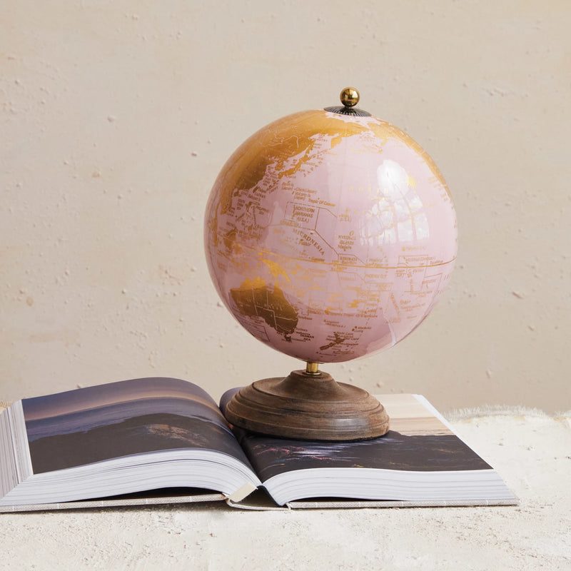 Metal & Globe on Mango Wood Stand, Pink