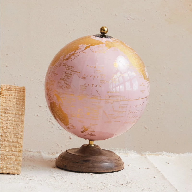 Metal & Globe on Mango Wood Stand, Pink