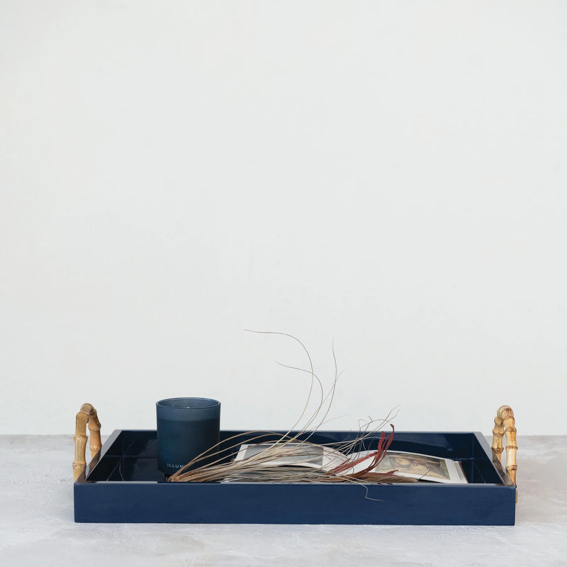 Lacquered Tray w/ Bamboo Handles & Metal Detail - Navy