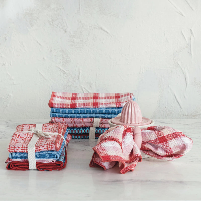Woven Cotton Waffle Weave Napkins w/ Pattern & Stitched Edge, Set of 4